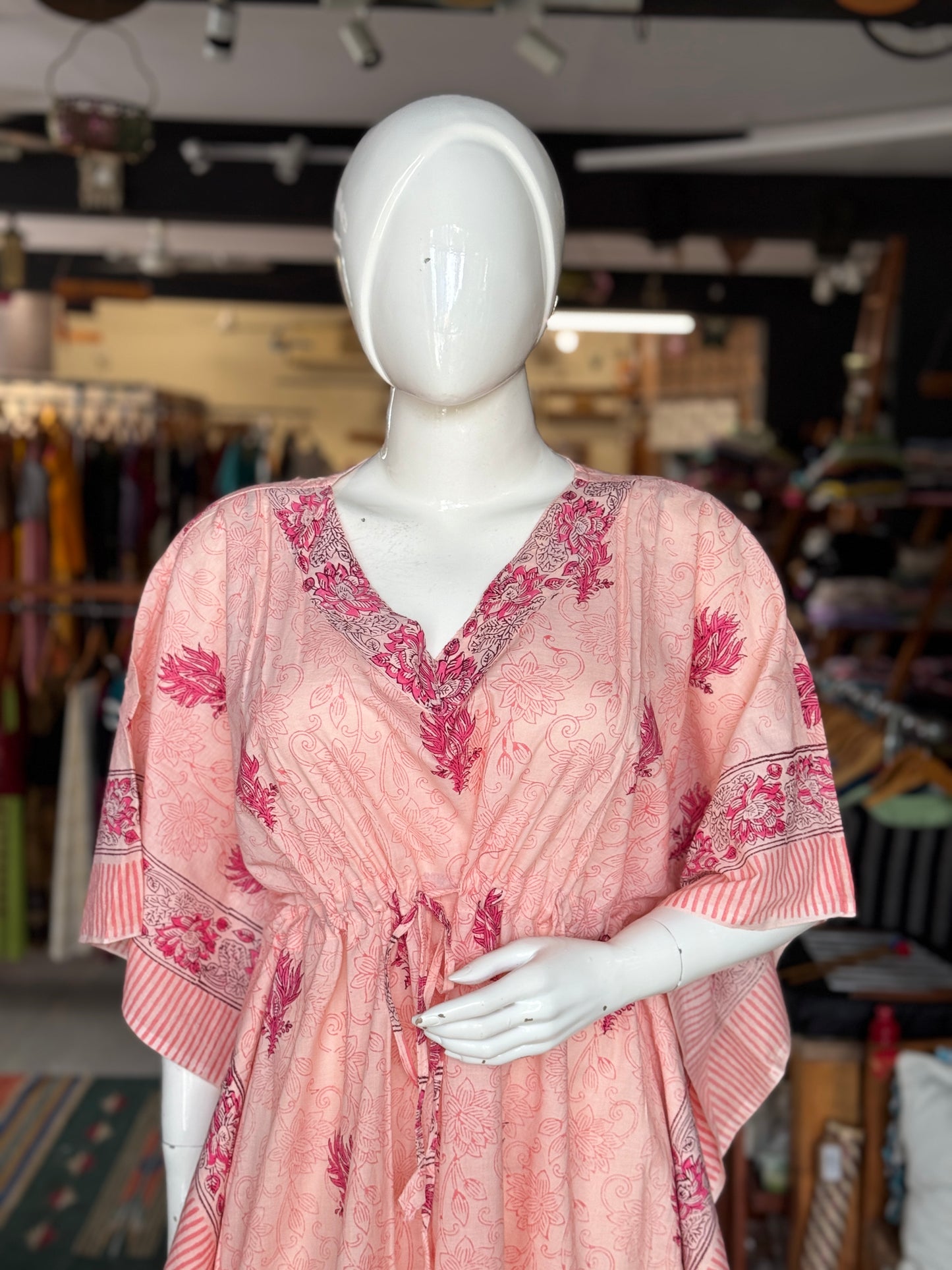 Kaftan nighty in hand block printed cotton with 3 sides borders - free size - print options available - lounge wear / night wear