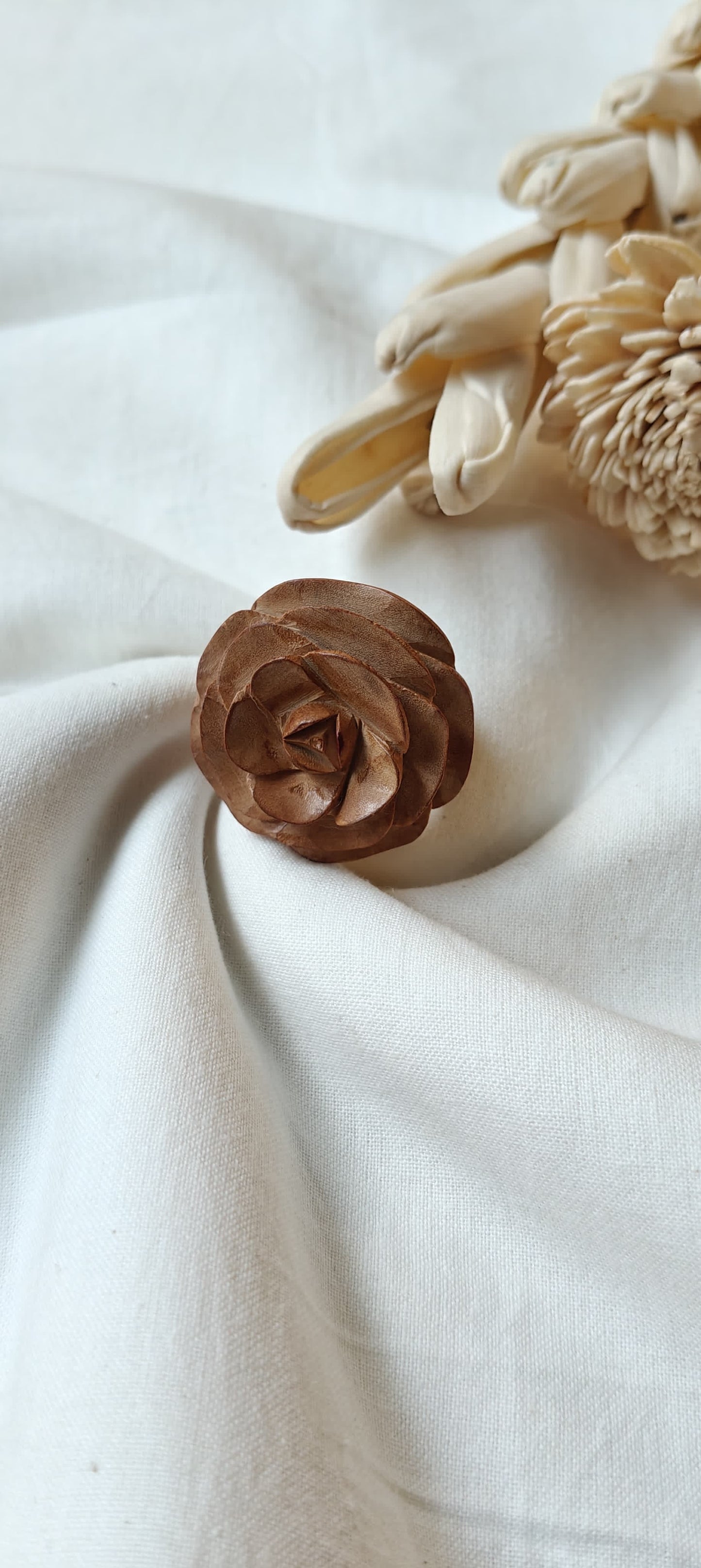 Rose hand carved finger ring in yellow wood - color options available
