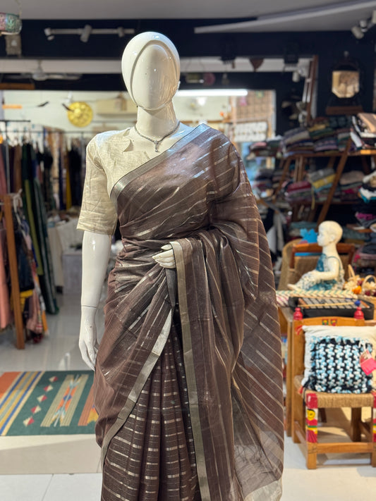 Brown silk cotton Maheshwari handloom saree with thin n thick silver zari stripes all over