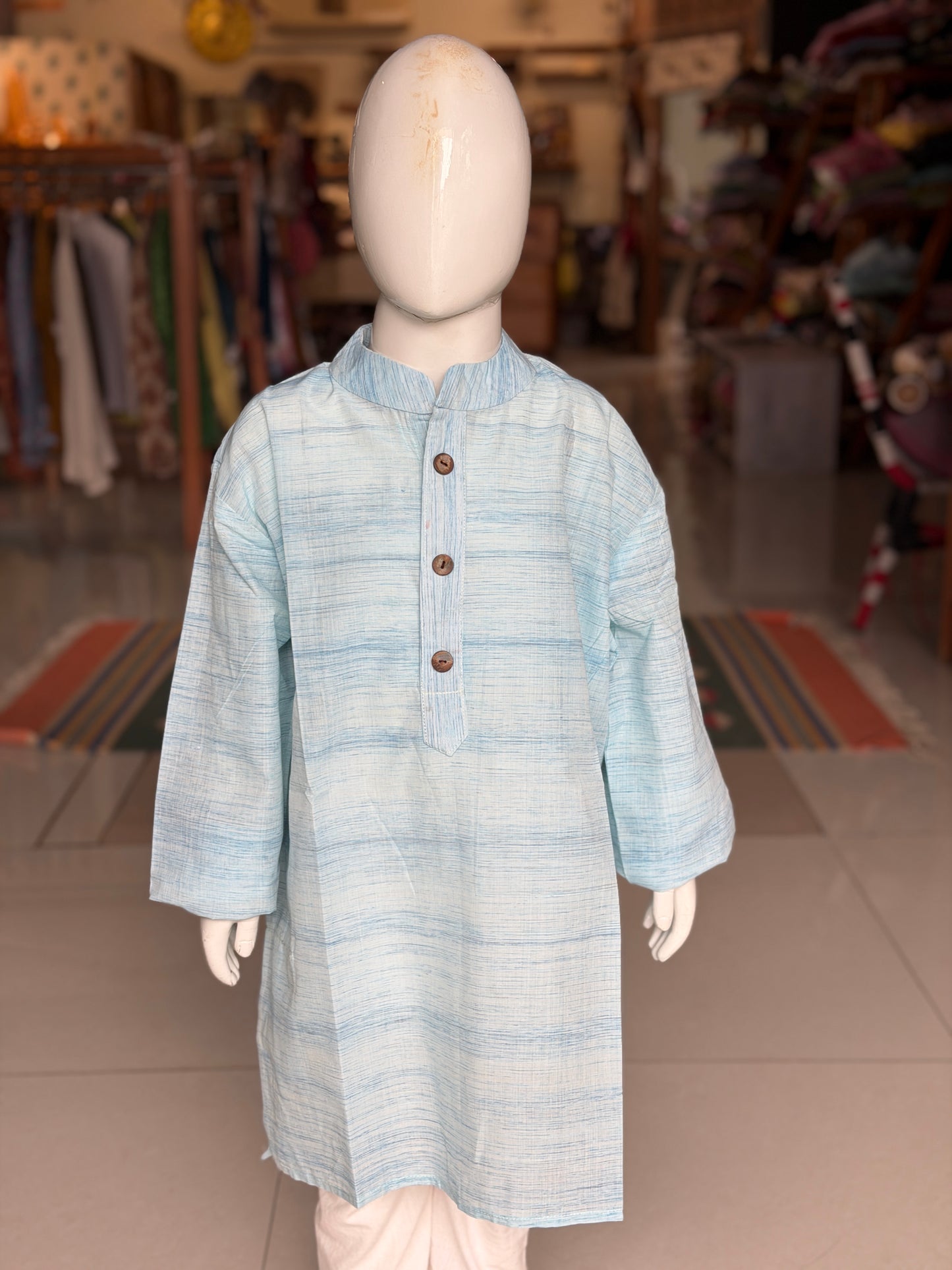 Light blue handwoven long cotton kurta for boys