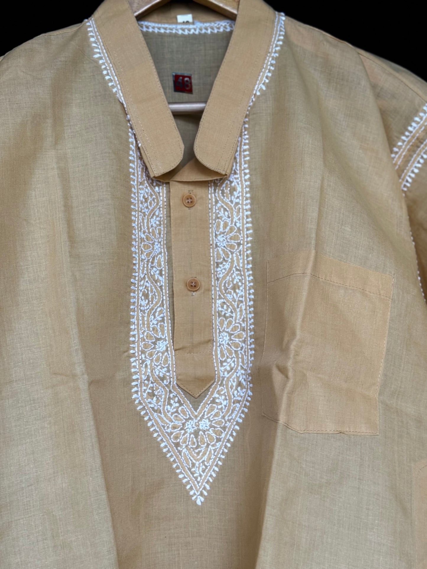 Chikankari hand embroidery cotton half sleeves short kurta for men