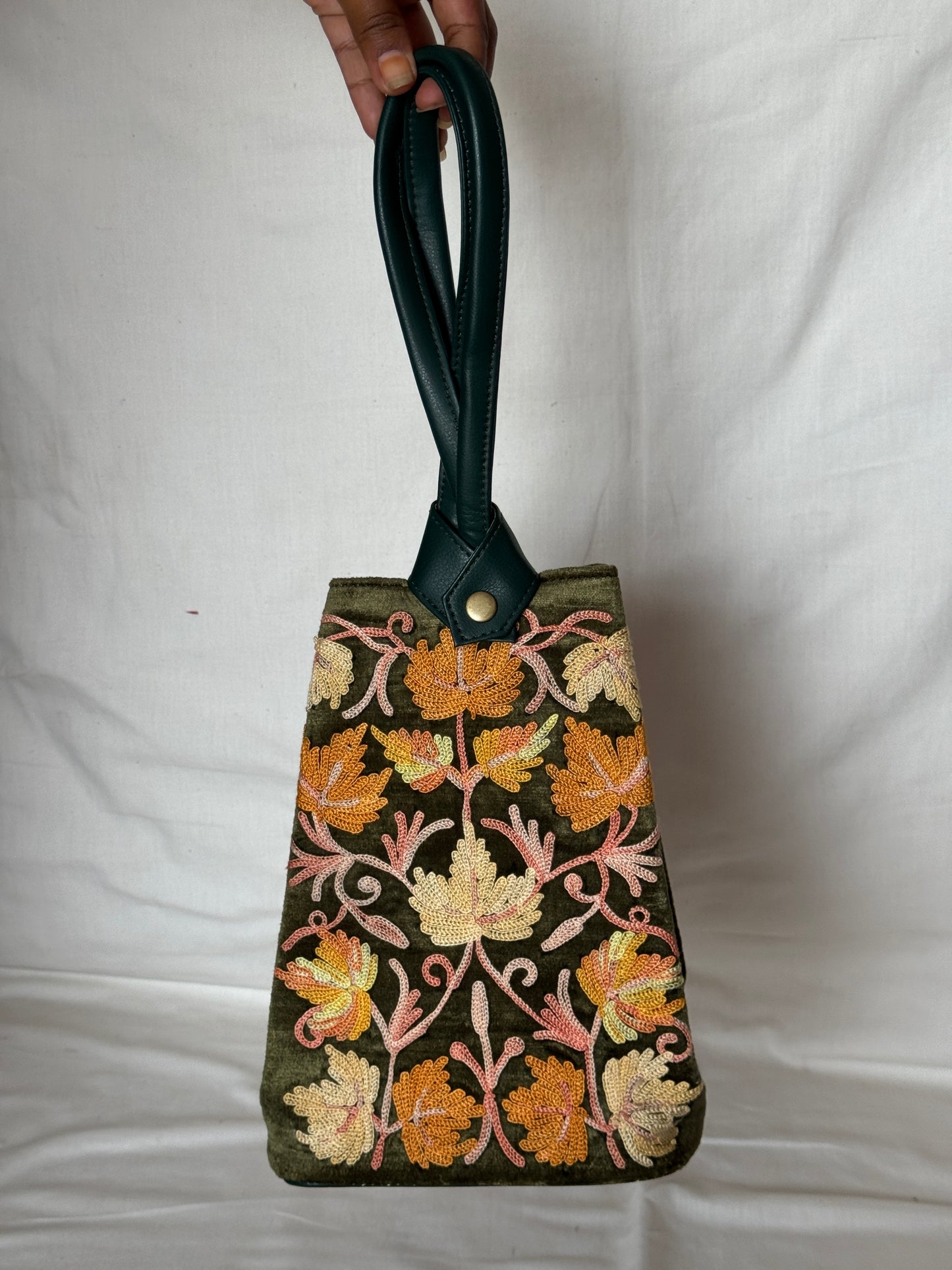 Potli bags with Kashmiri floral Aari embroidery - interesting twist around handle button closure
