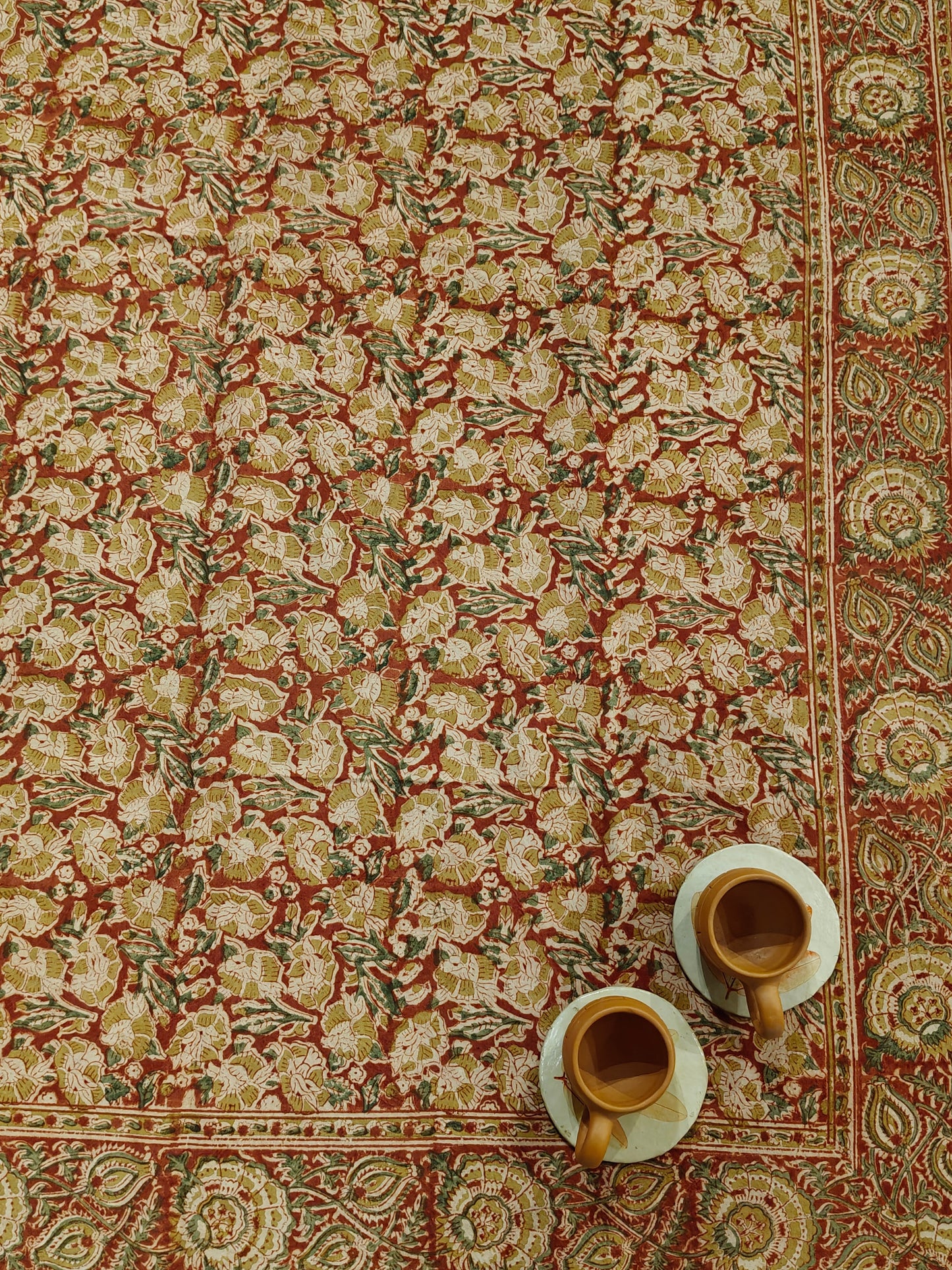 Red green floral hand block print single 60 x 90 inches size Kalamkari Bedsheet / table cover