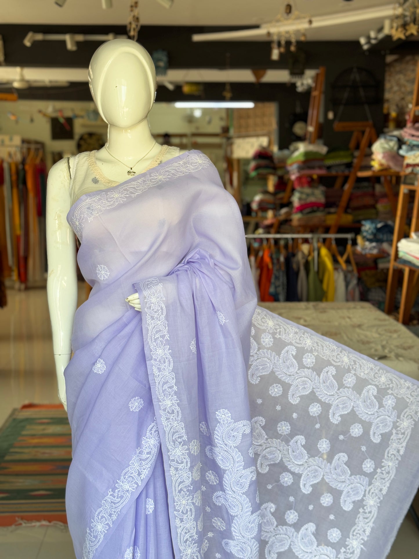 Lavendar classy hand embroidered chikankari cotton saree