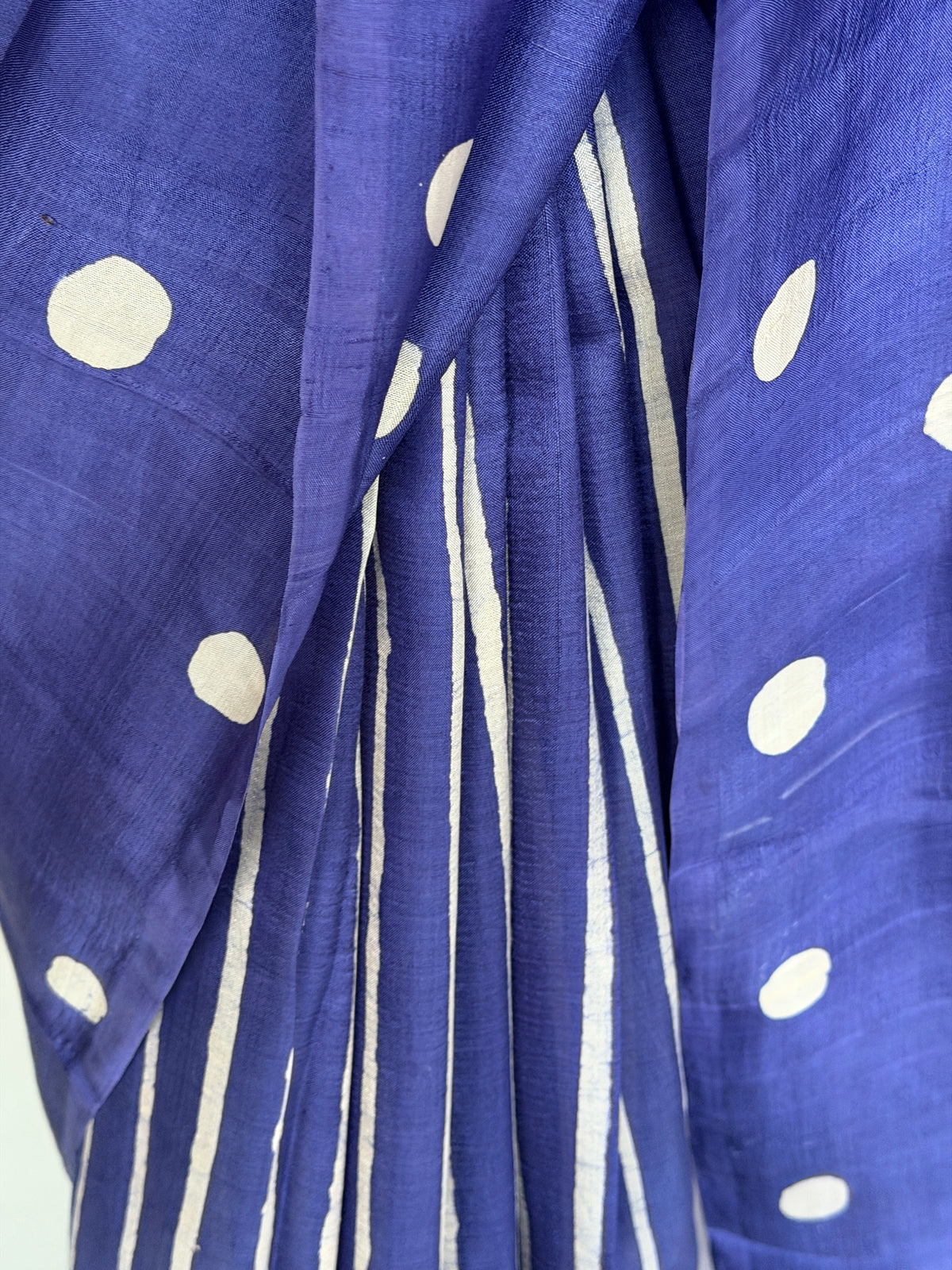 Blue dots and stripes hand painted, hand batik soft 3 ply Murshidabad silk saree
