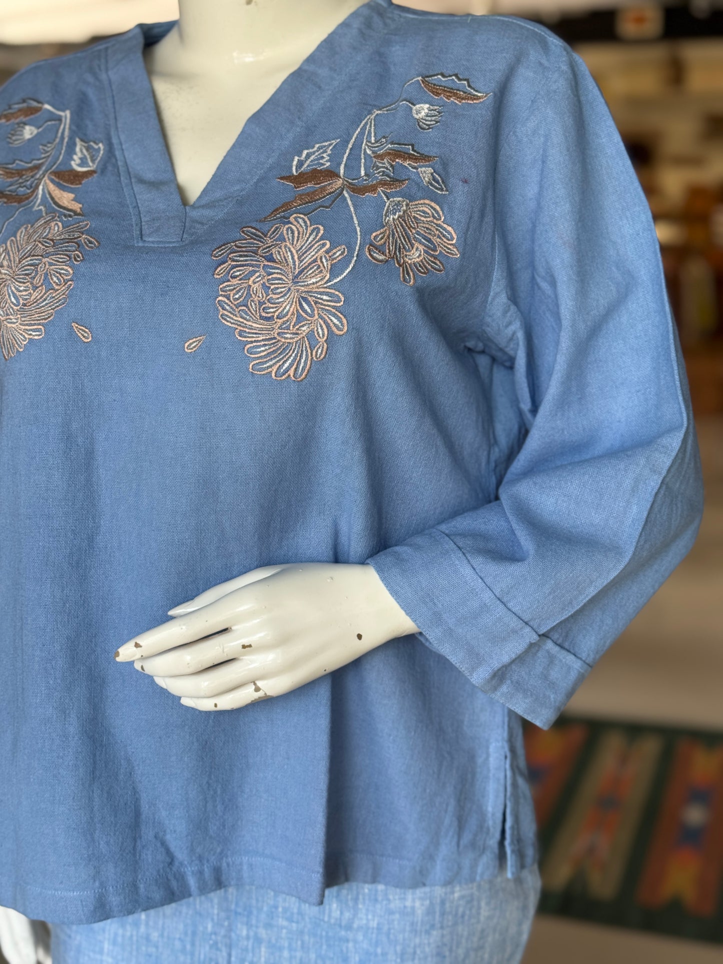 Pastel blue embroidered flex cotton top for women