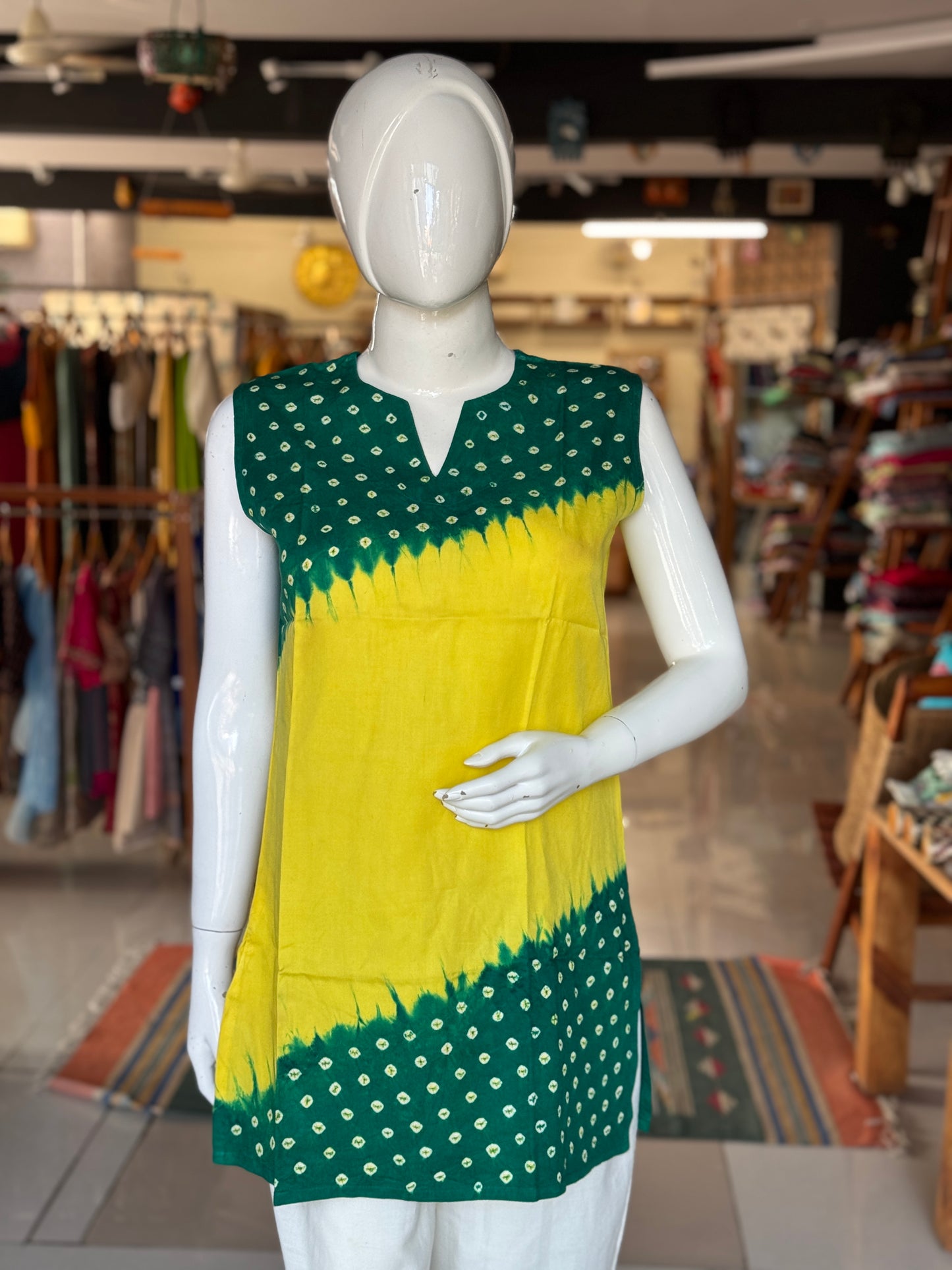 Sleeveless placement bandini tie n dye cotton tunic top / short kurti - multiple colors n designs available