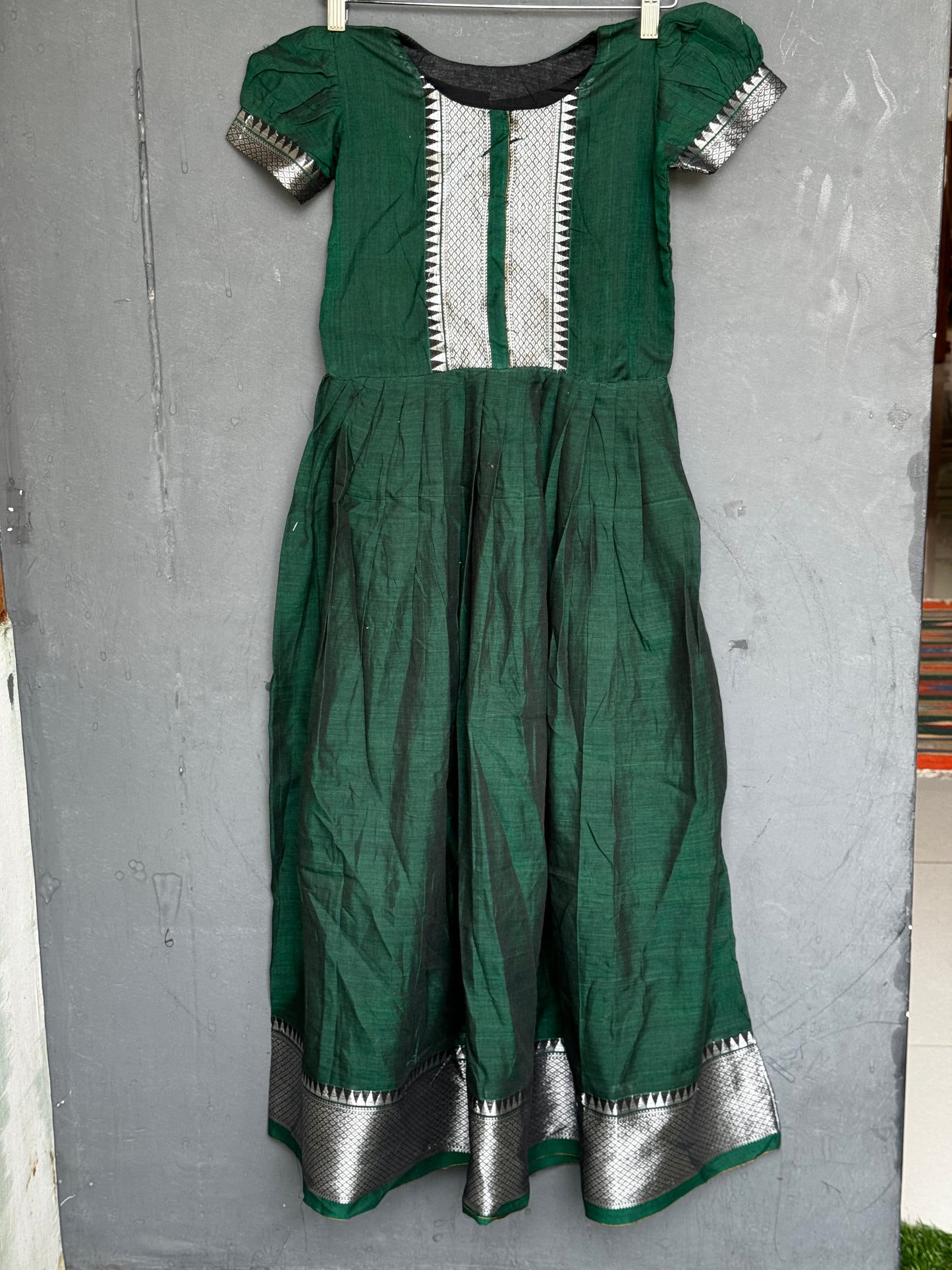 Green narayanpet cotton long frock with belt dupatta for girls