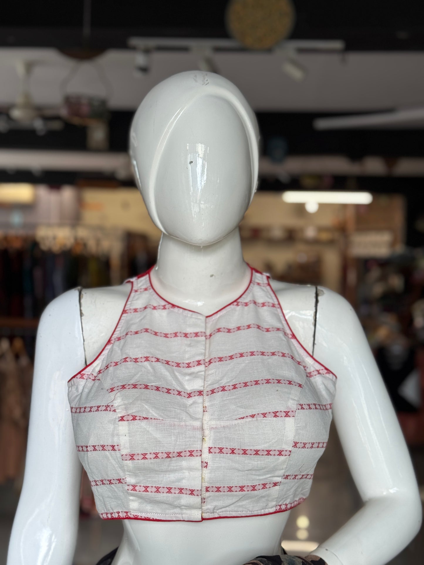 White n red racer back style cotton blouse with lace trims