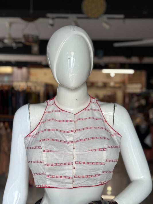 White n red racer back style cotton blouse with lace trims