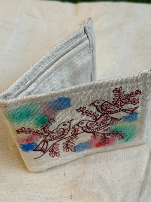 Birds hand painted cotton canvas foldable wallet