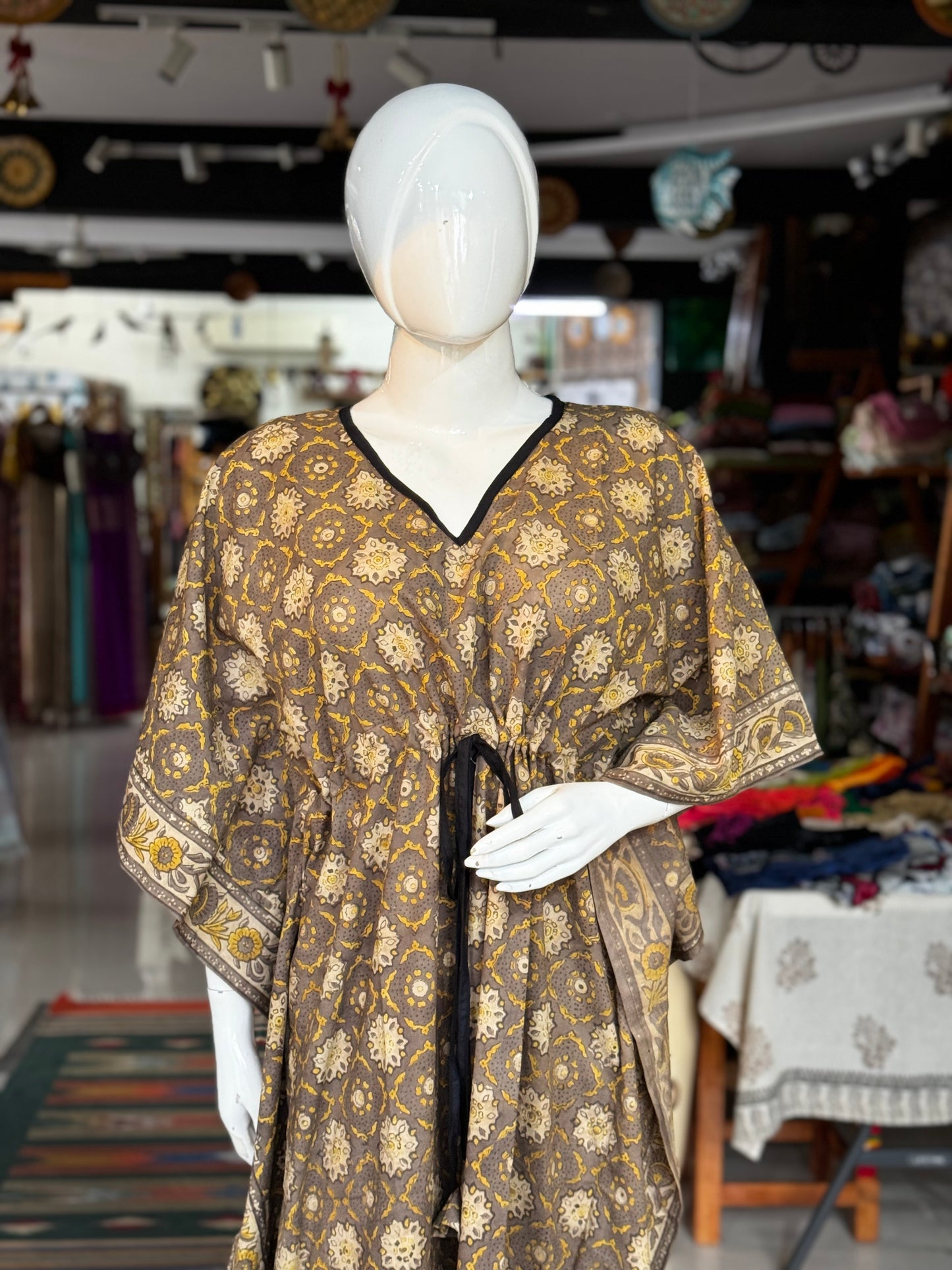 Hand block printed cotton long kaftan nighty