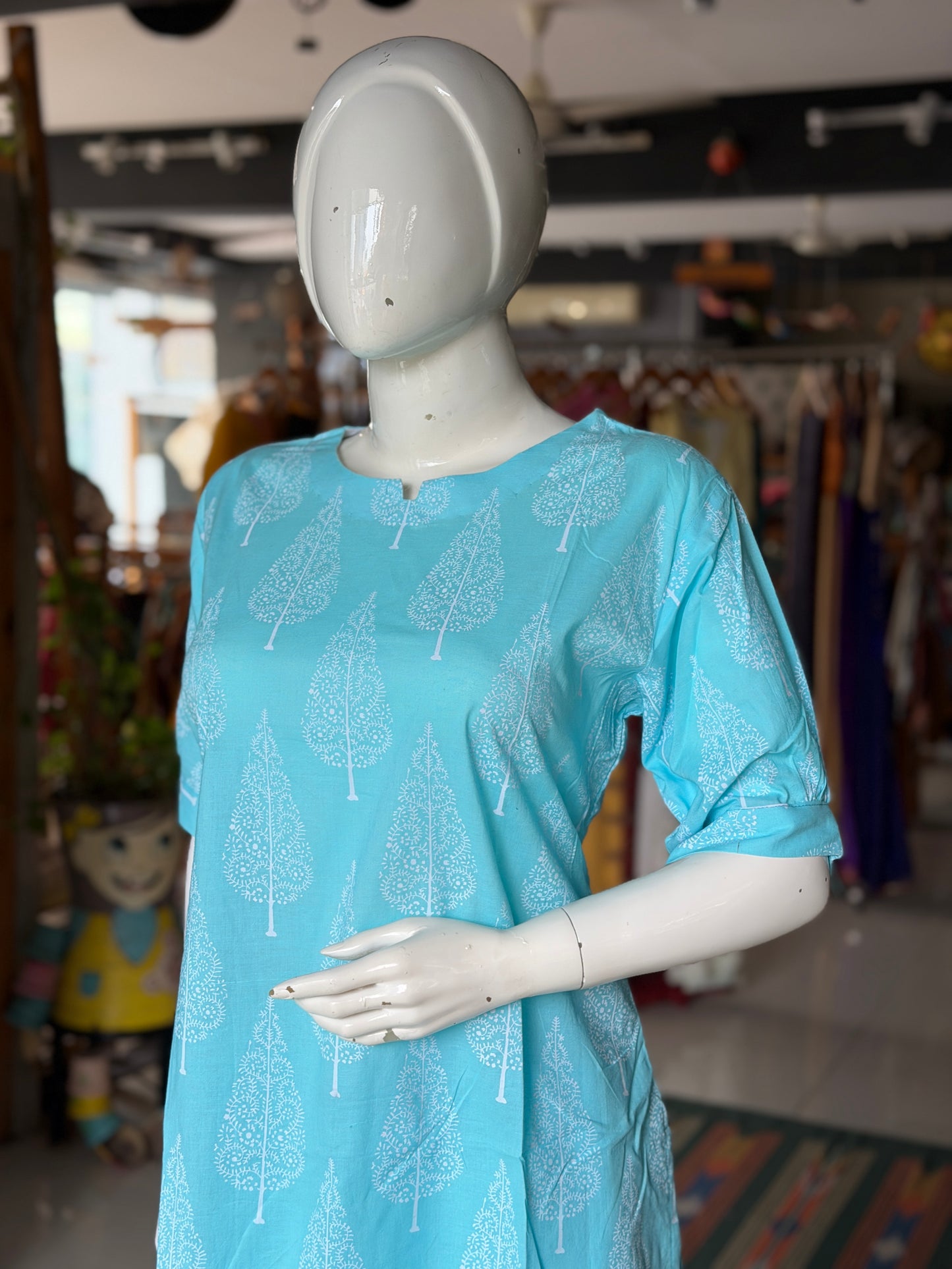 Blue cypress print cotton kurti paired with a matching dots print barrel pants - 2 piece set
