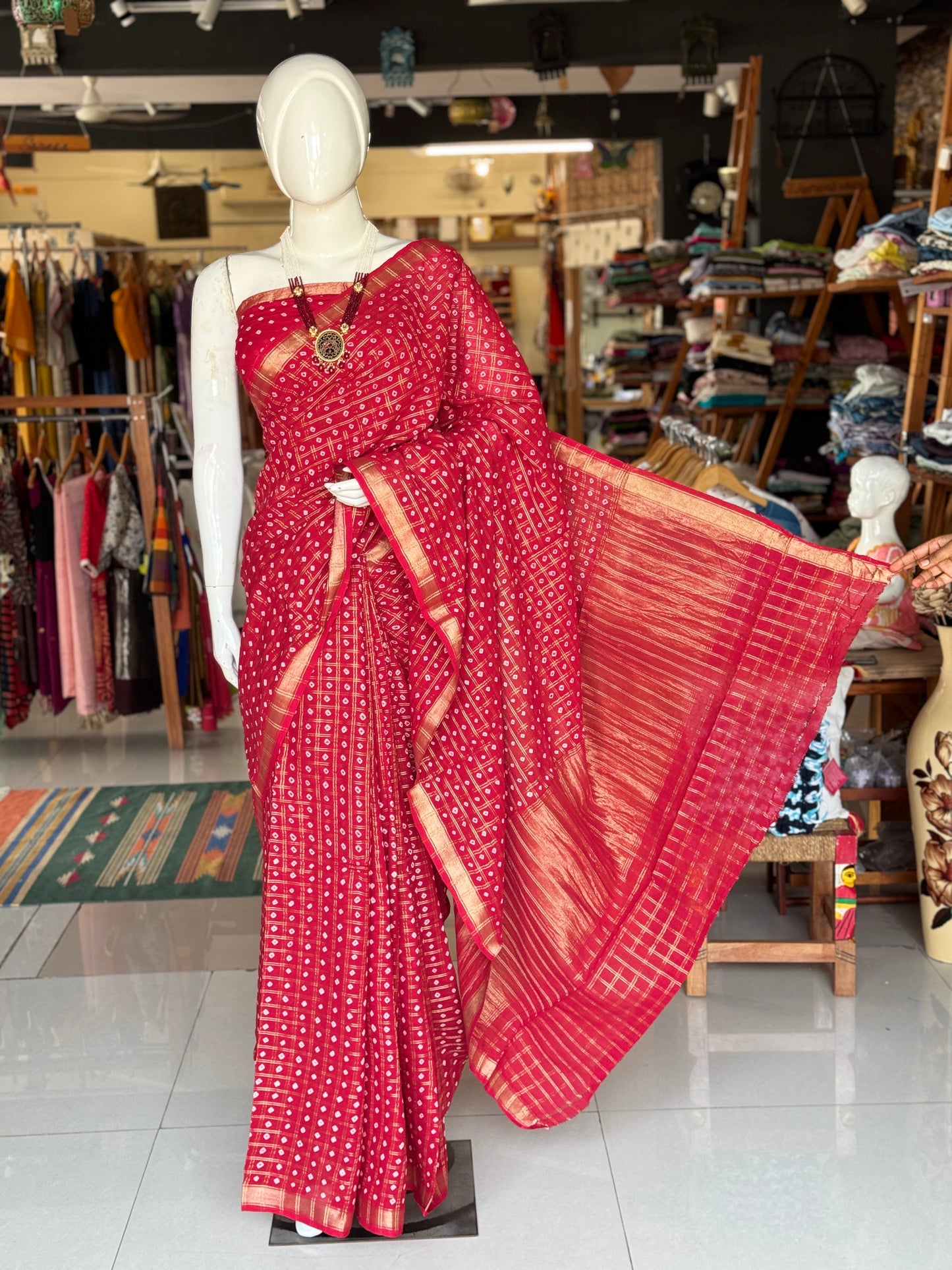 Reddish maroon gharchola bandini tie n dye cotton saree with zari checks