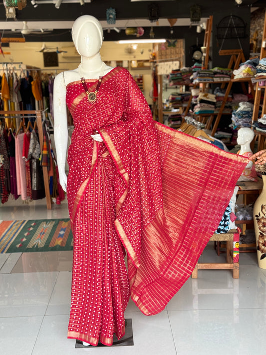 Reddish maroon gharchola bandini tie n dye cotton saree with zari checks