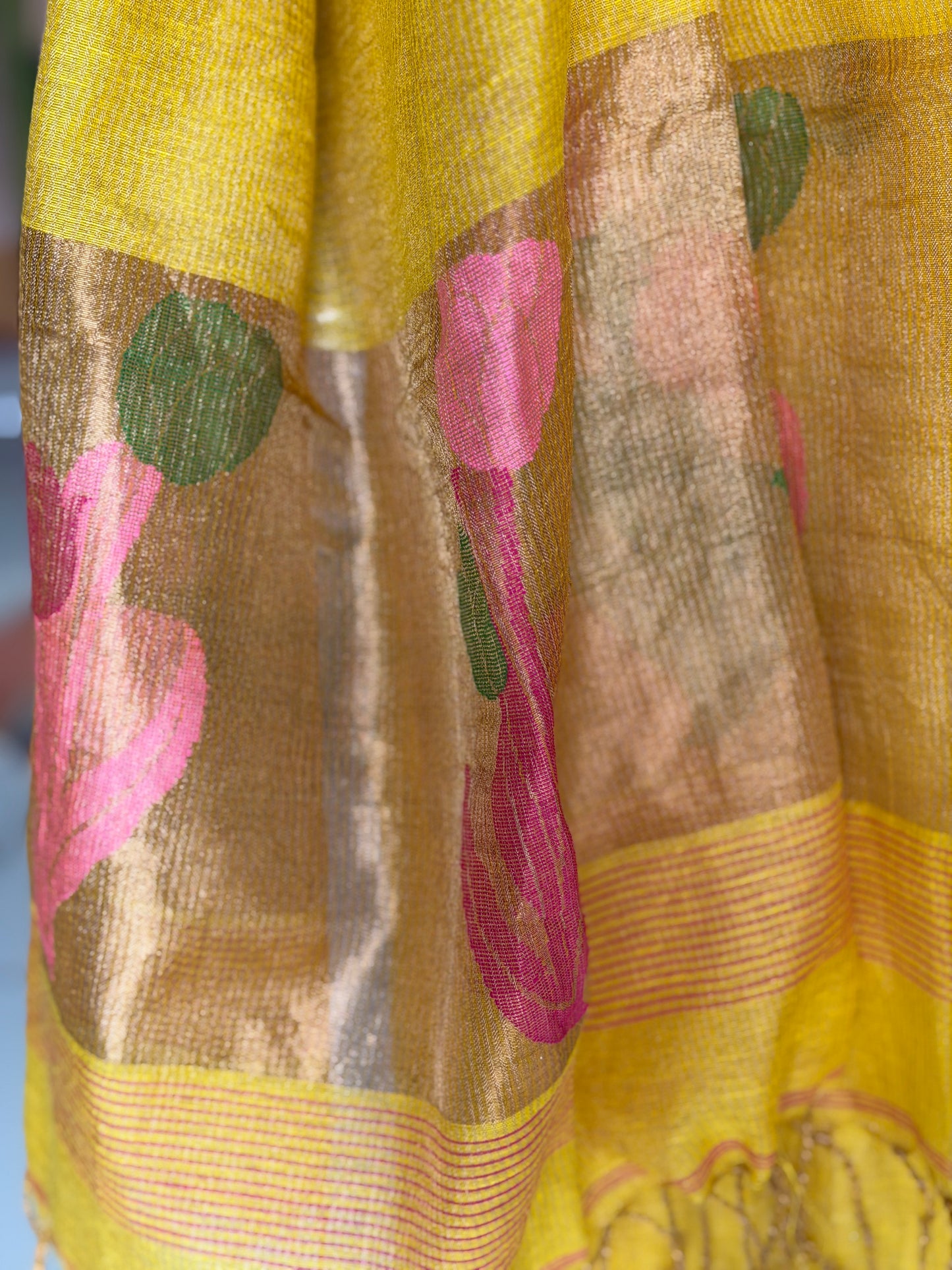Yellow silk tissue linen handwoven Jamdani 2 piece unstitched set - kurti n dupatta set