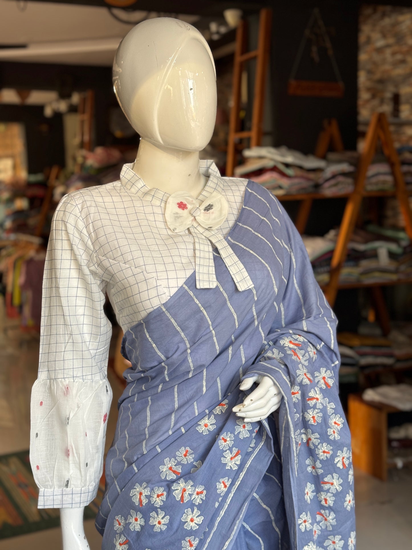 Parijat - the sacred flower - hand block printed light blue cotton saree