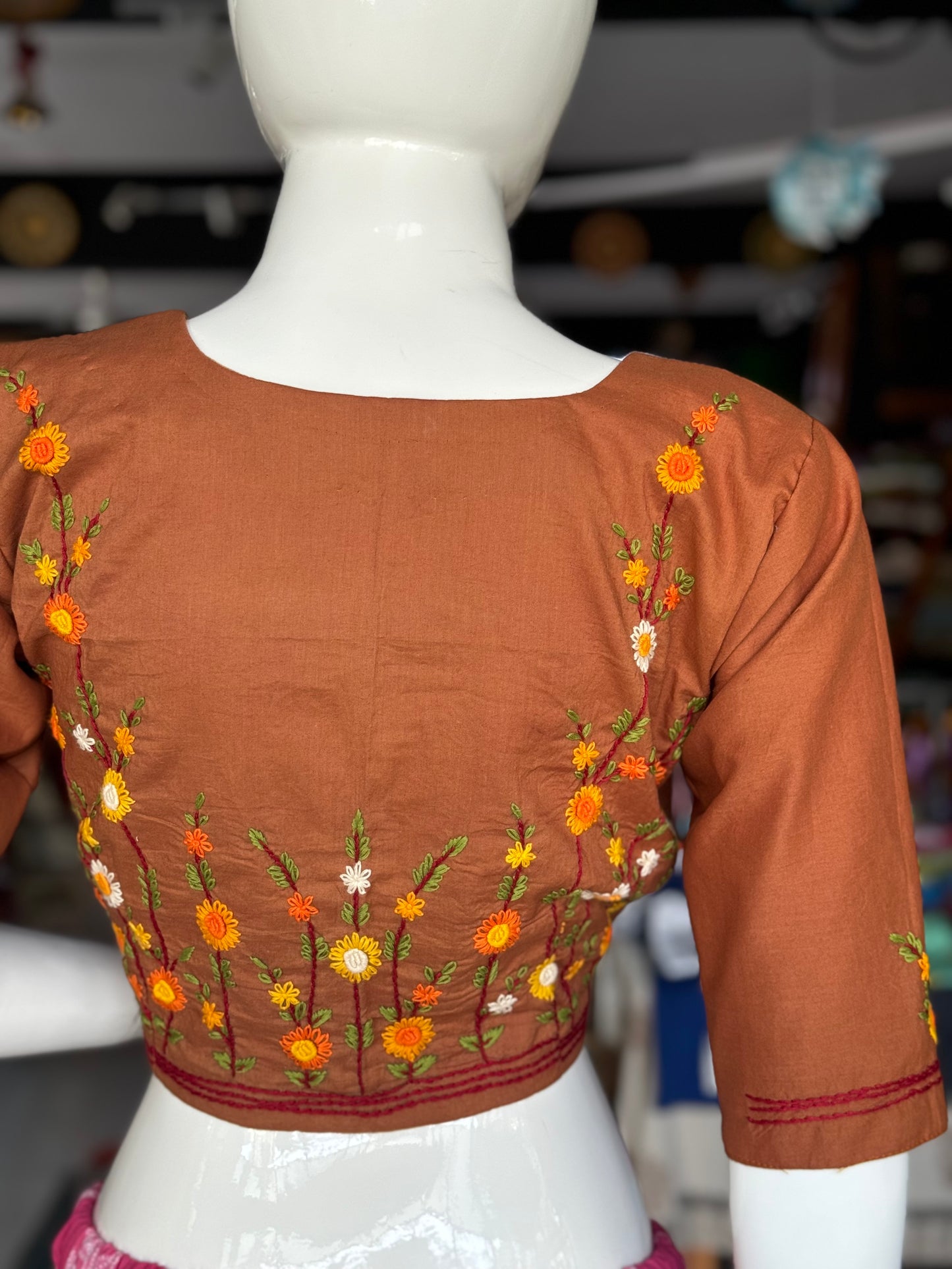 Rust brown flowers hand embroidered cotton blouse with lining