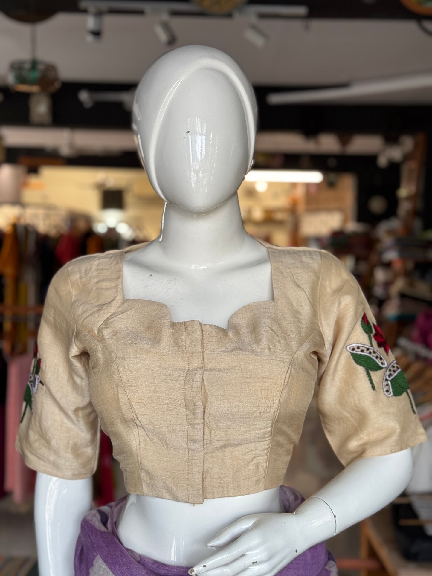Cream lotus, fish n birds design Kantha hand embroidered silk blouse