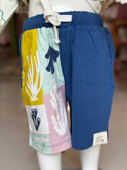 Navy blue with sea plants prints cotton shorts for children