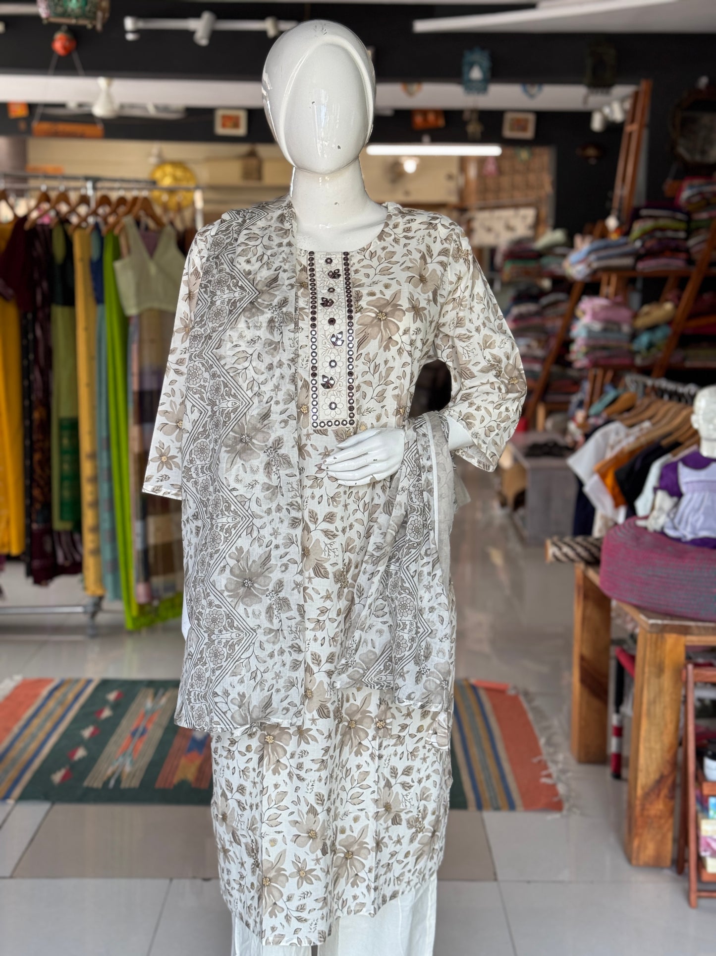 Brown floral on off white base - plus size cotton embroidered straight kurti, pants and dupatta - 3 piece suit set - multiple sizes available
