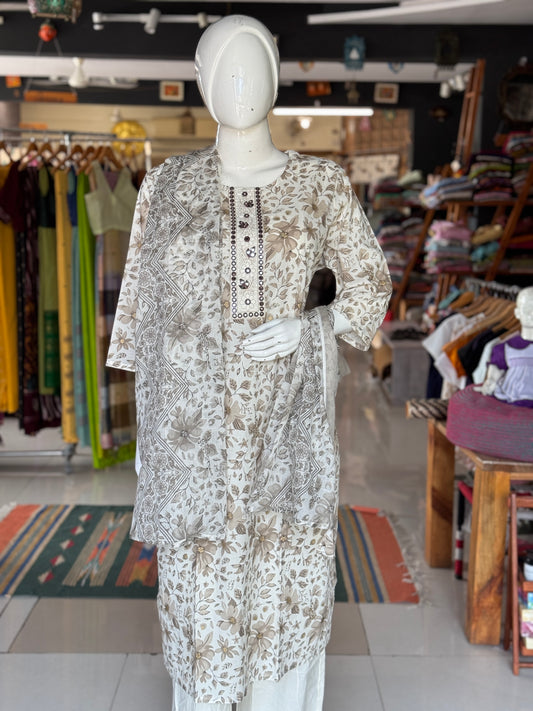 Brown floral on off white base - plus size cotton embroidered straight kurti, pants and dupatta - 3 piece suit set - multiple sizes available