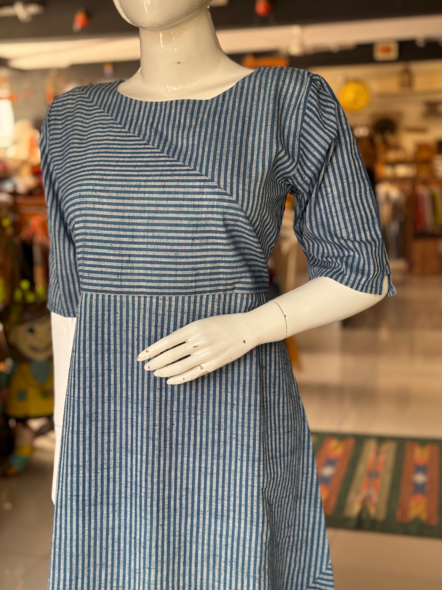 Indigo blue natural dyed, handwoven cotton dress with stripes play