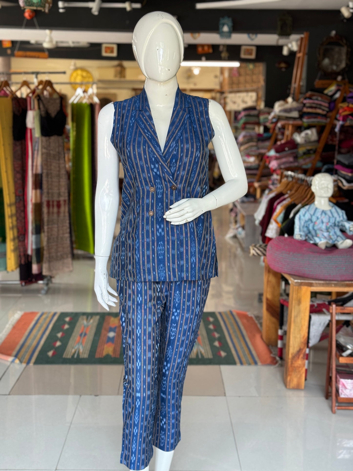 Blue Ikat handwoven collared cotton sleeveless gilet jacket top and pants coord set