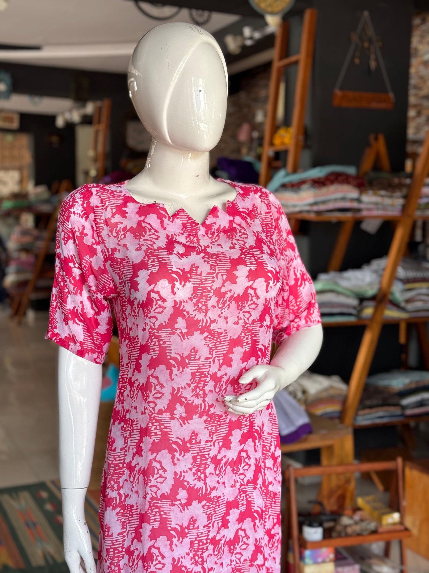 Pink and white hand batik georgette straight kurta