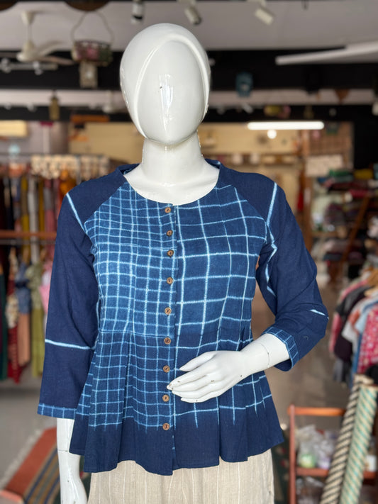 Blue and white different sized checks needle Shibori tie n dye cotton top