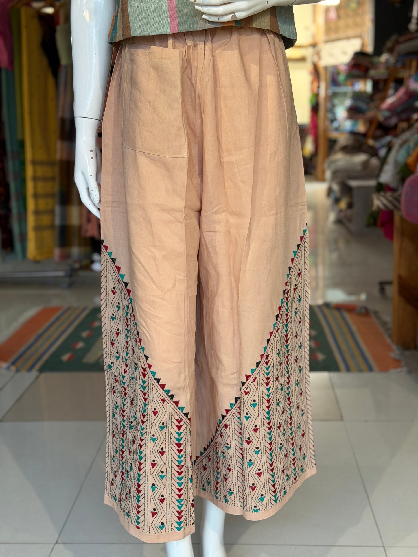 Kantha hand embroidered cotton poplin free size plazo with front pocket