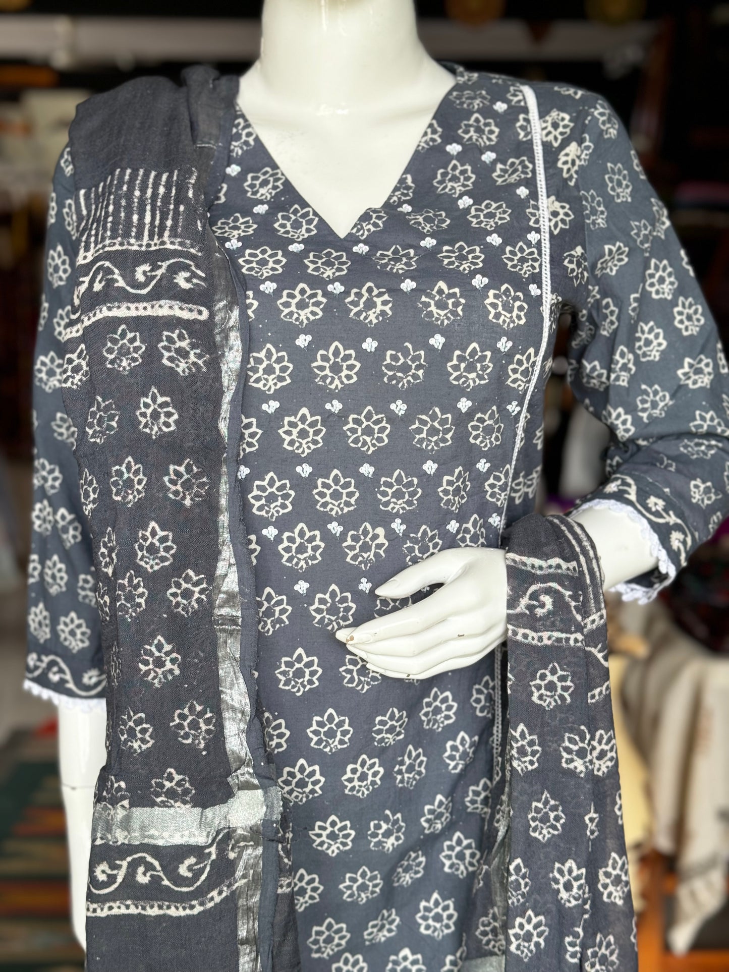 Grey hand block printed cotton straight kurti, pants and dupatta - 3 piece suit set