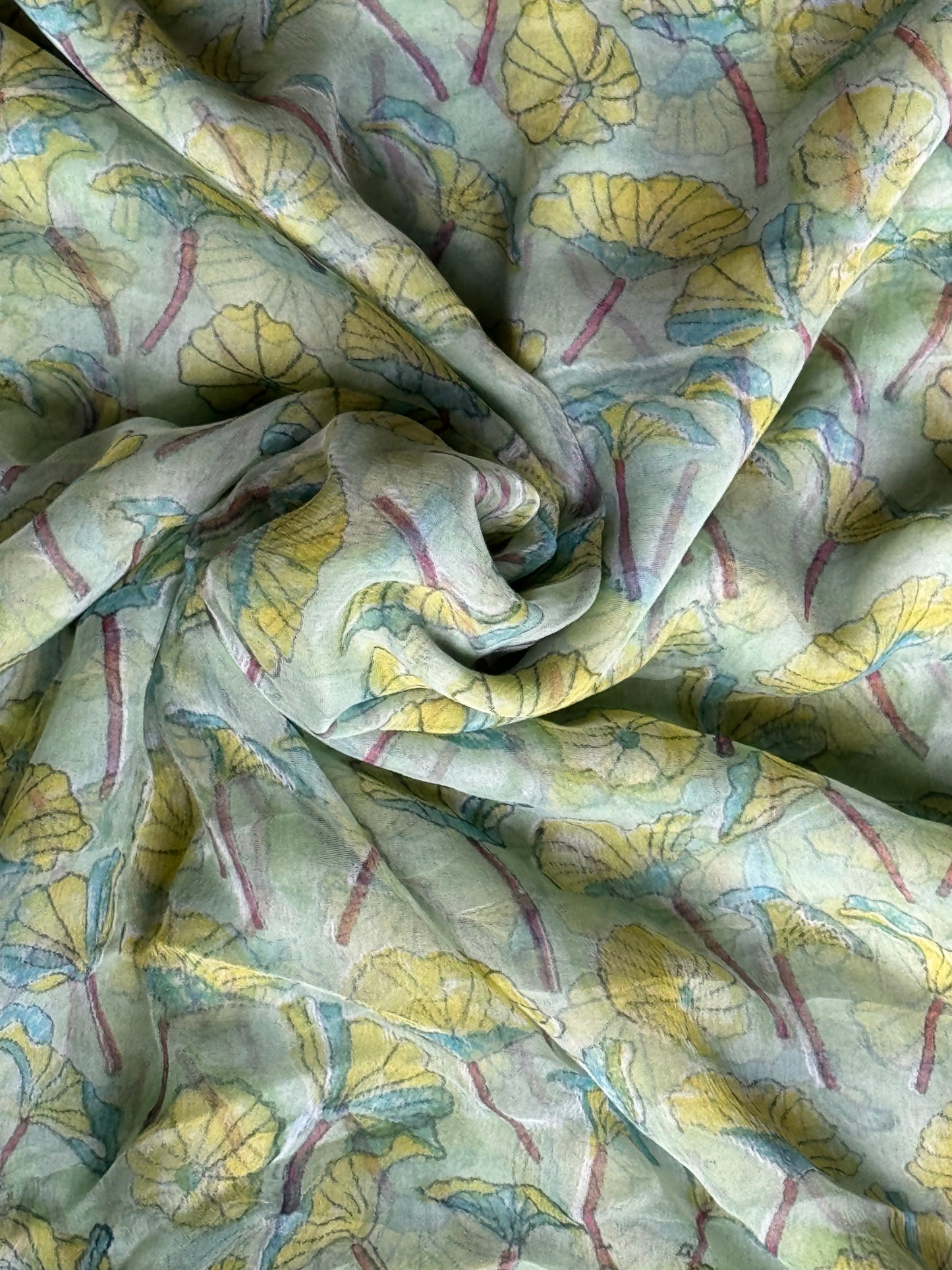 Green floral hand block printed light and soft chiffon fabric