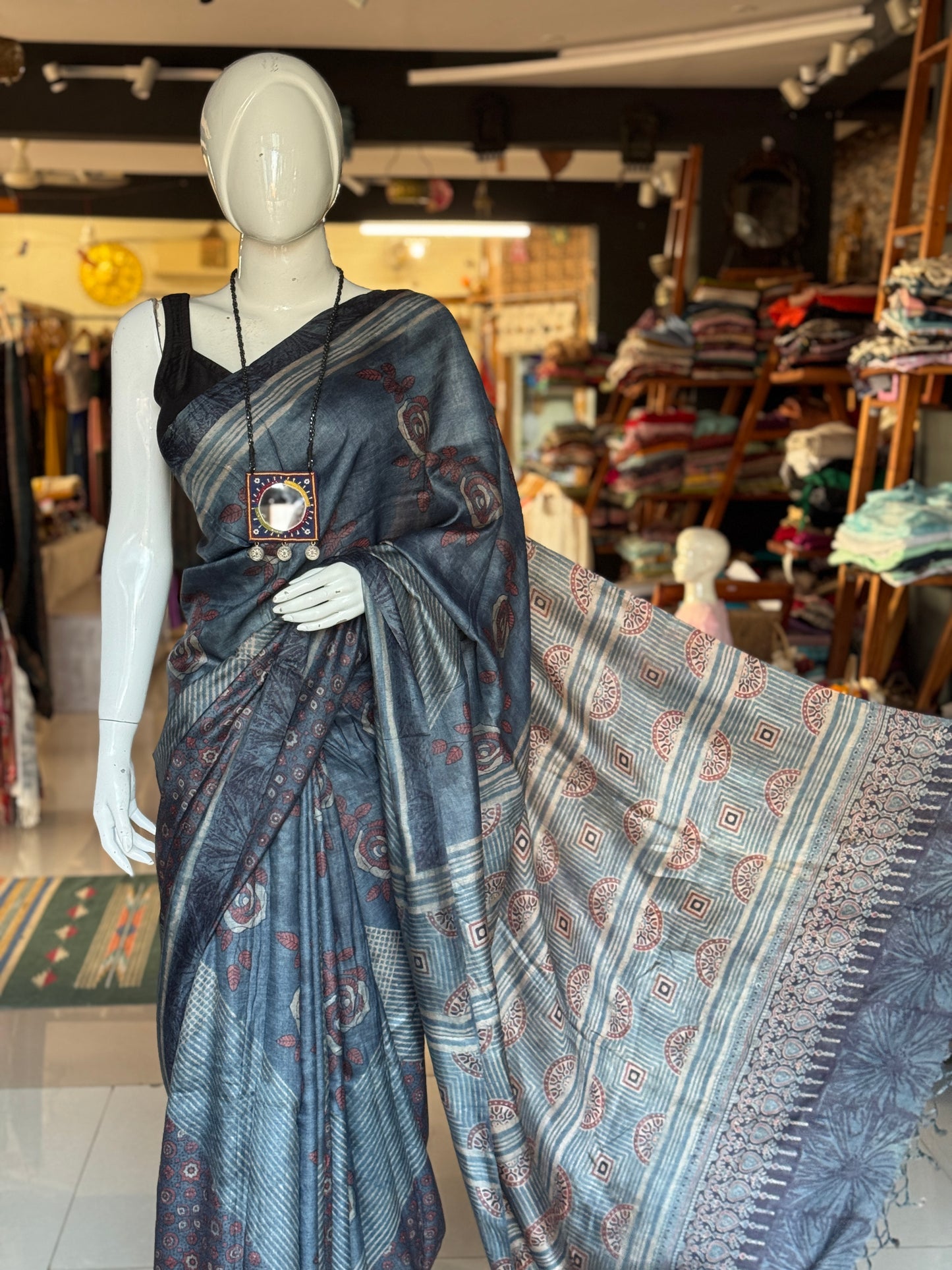 Indigo pure tussar silk handwoven saree with Ajrakh hand block prints