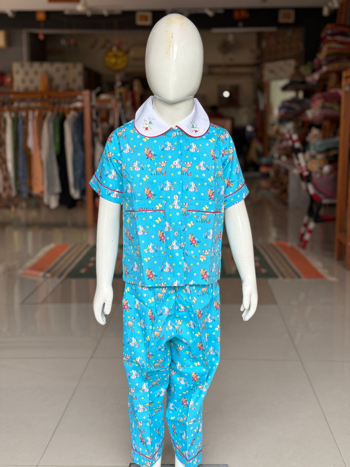 Blue animals print (deer, rabbit, squirrel) lounge wear / night suit set - 2 piece embroidered shirt n pants set