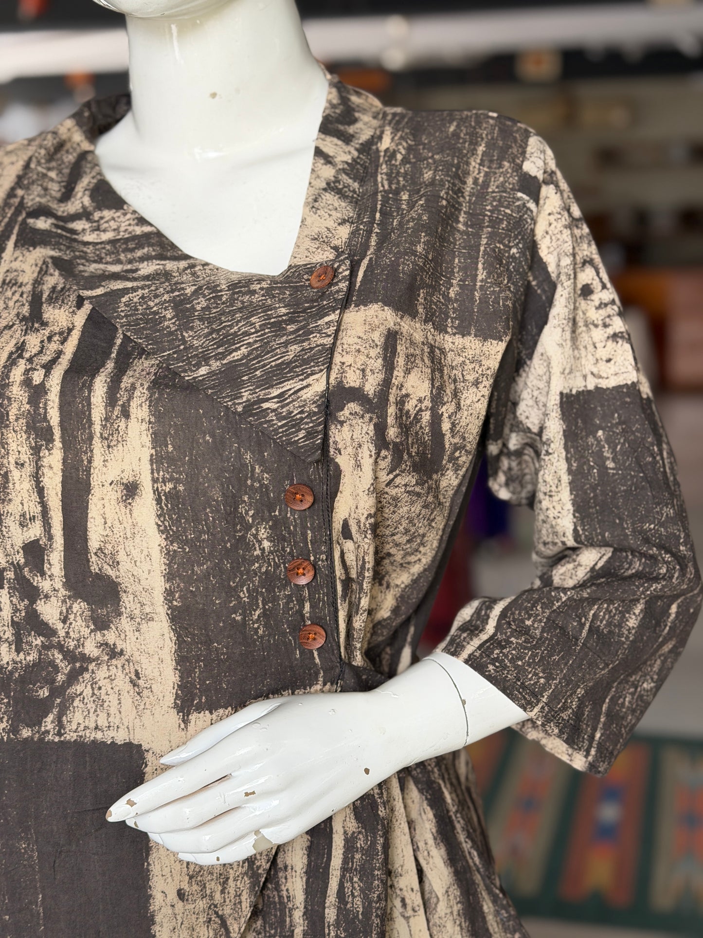 Black and beige hand block printed cotton top with asymmetric neck and side tie