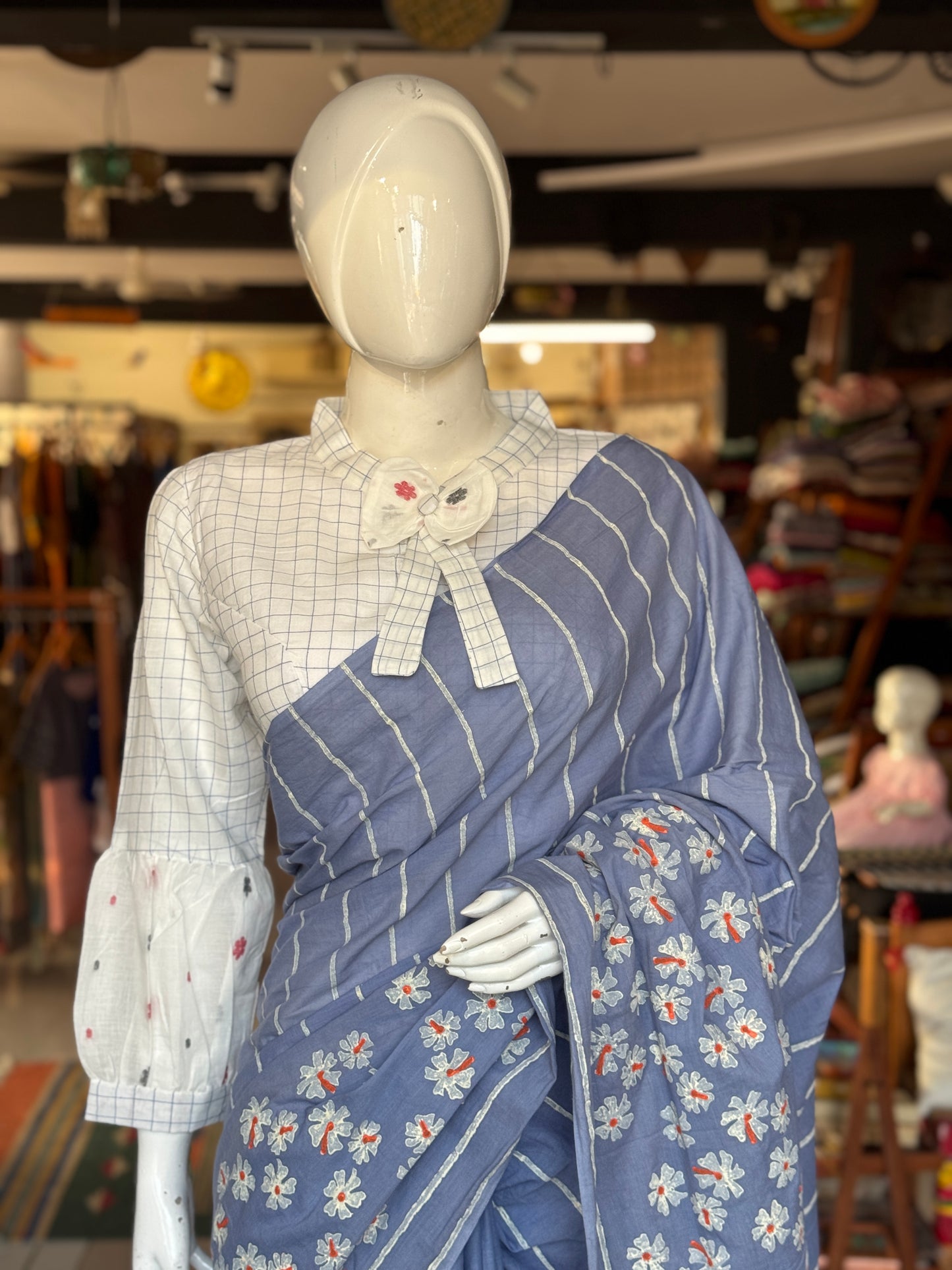 White n blue checks hand woven cotton Jamdani blouse with long balloon sleeves and bow neck