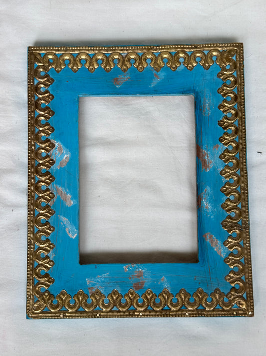 Blue Vintage look hand painted Wooden frame with brass border