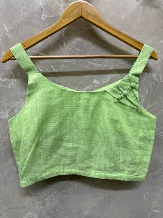 Pastel green kota cotton crop top / blouse - back open, with lining and strappy sleeves