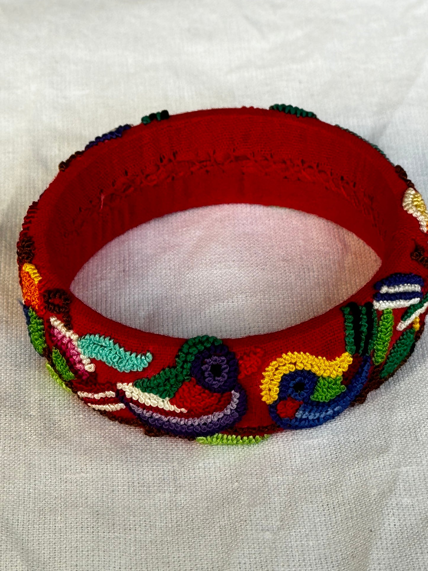 Red french knot birds hand embroidered bangle - single