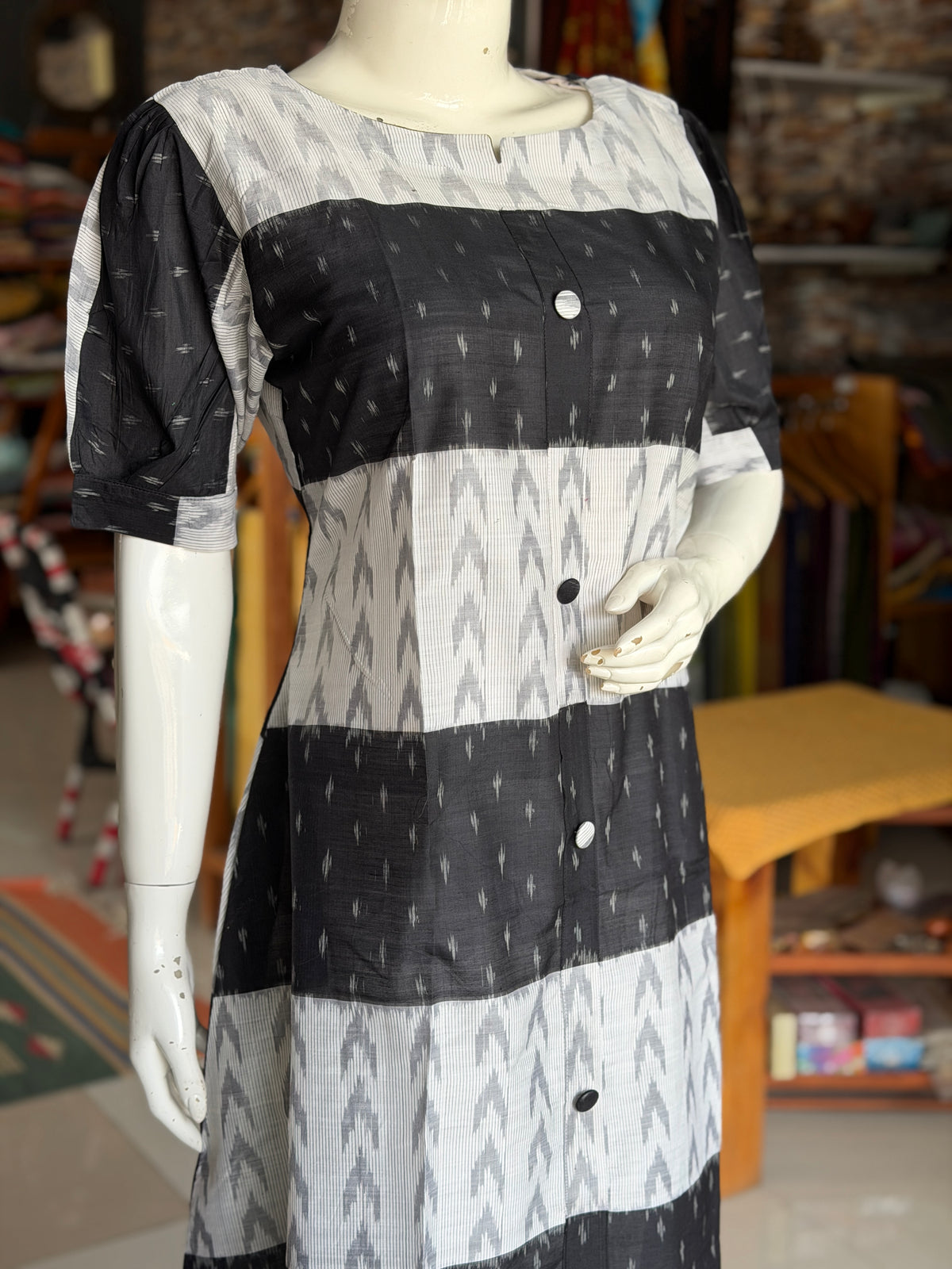 White and black silk x cotton handwoven a-line kurti / dress