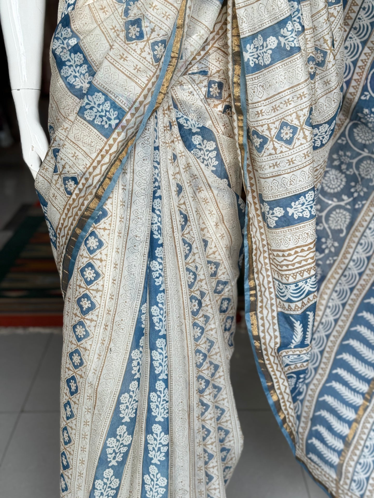 Off White and blue stripes hand block print Chanderi silk cotton saree