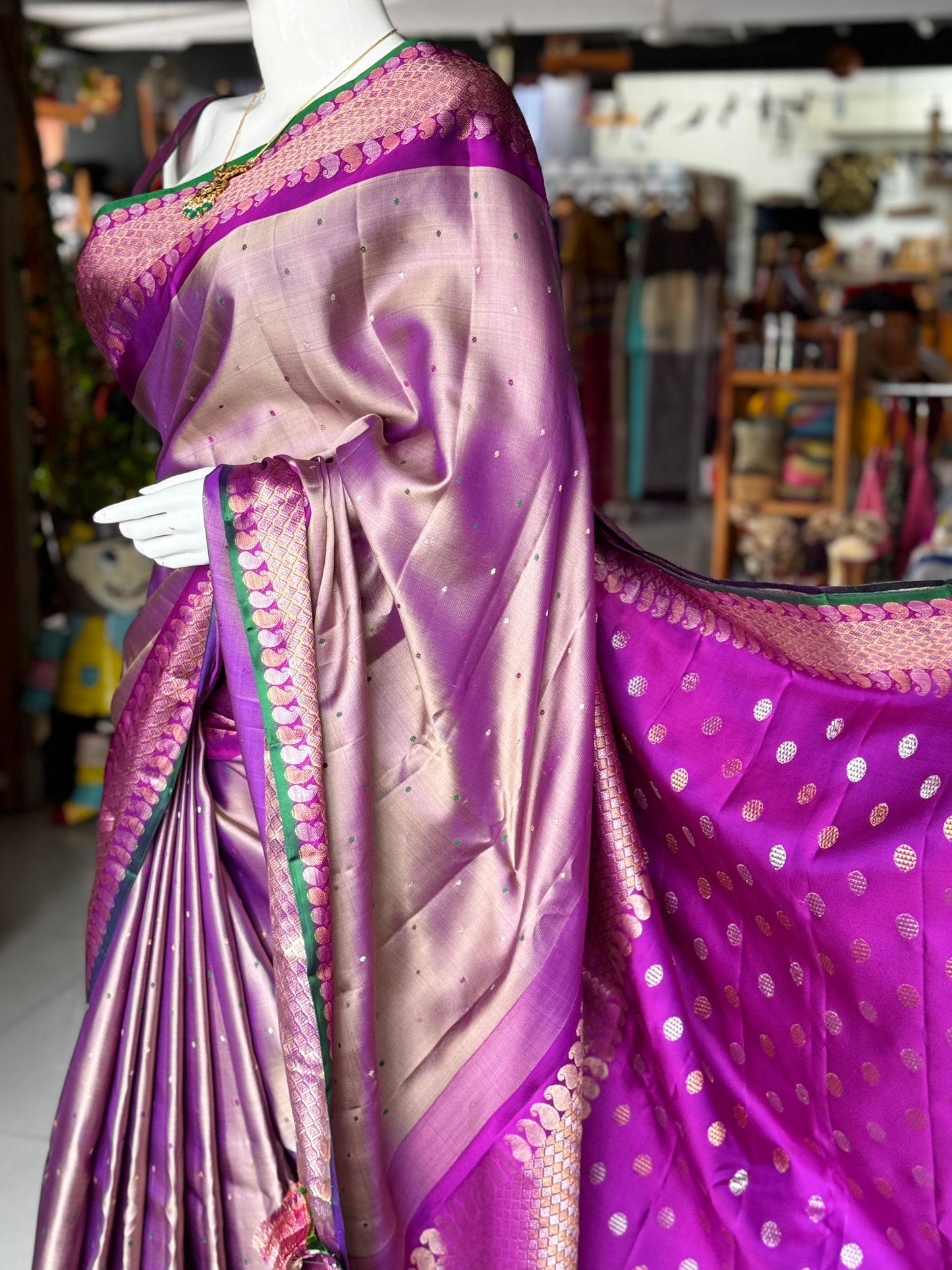 Purple and gold dual tone pure silk twill weave handwoven Gadwal saree with green selvedge