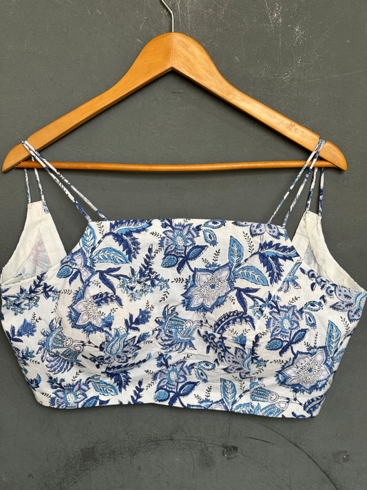 Blue floral on white base hand block printed cotton double noodle strap blouse