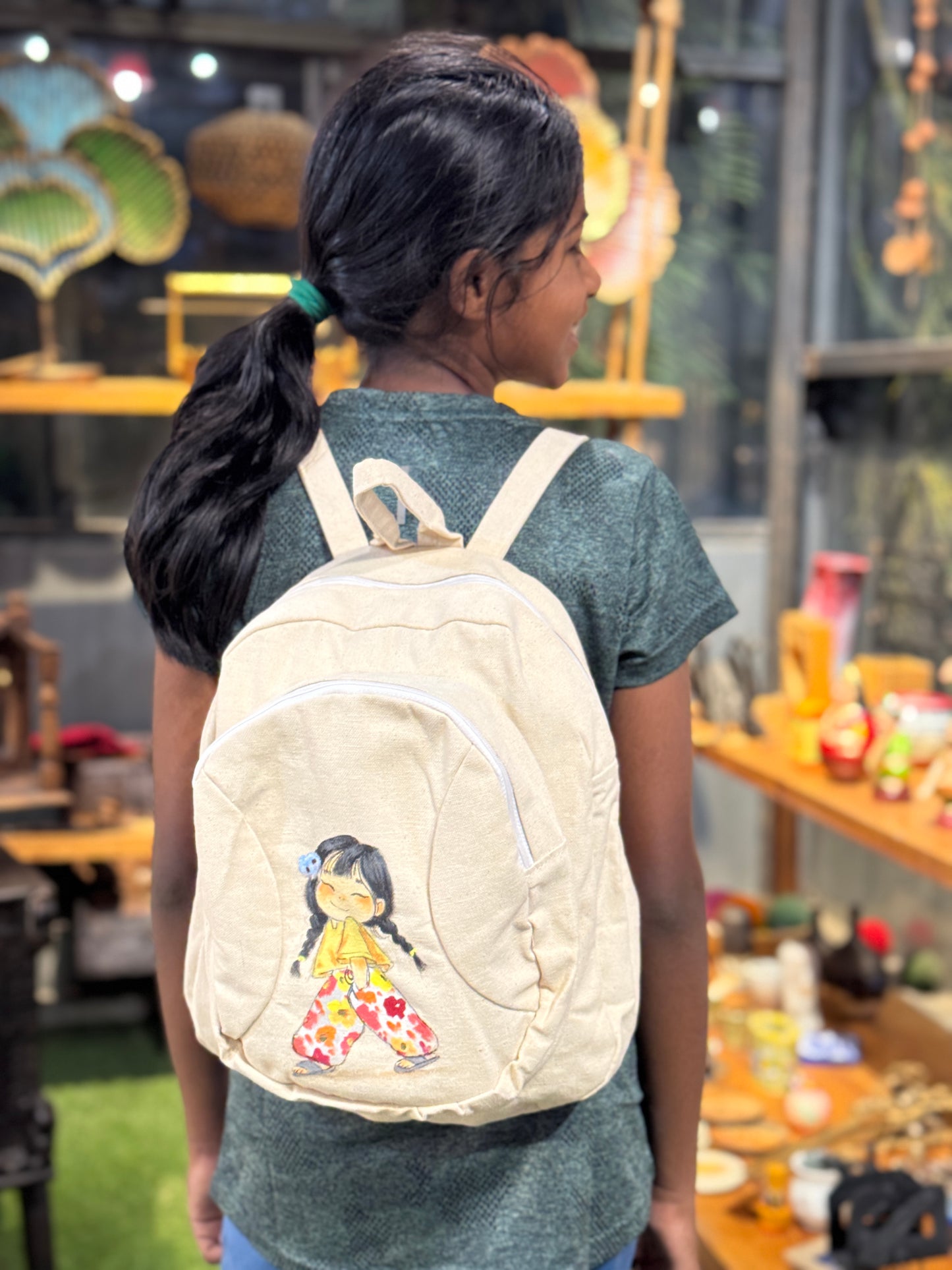 Little girl hand painted Off white canvas backpack with multiple compartments