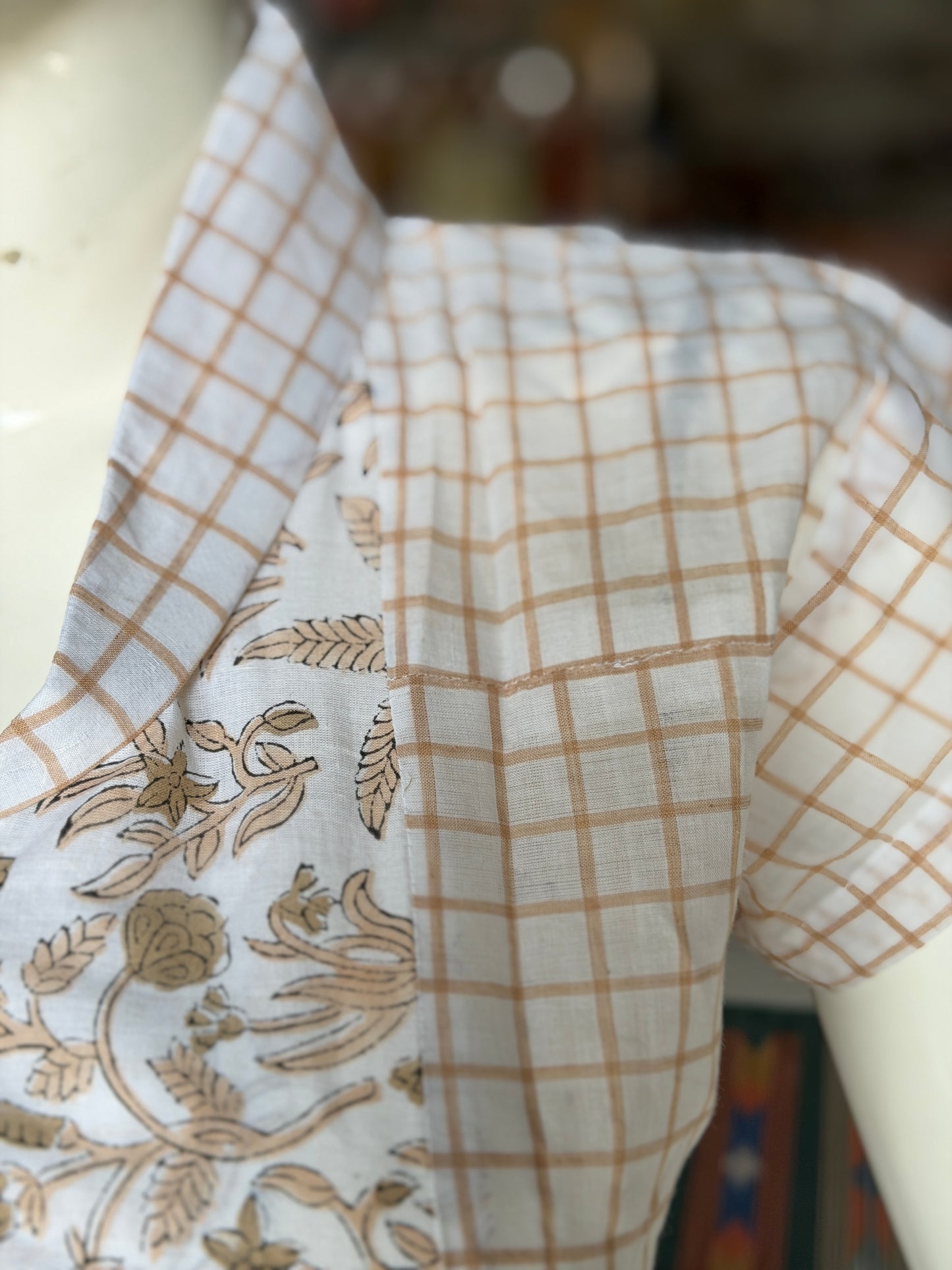 White brown checks and floral combination collared handloom cotton front open blouse