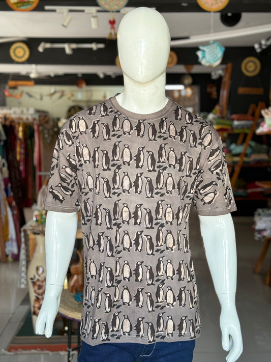 Grey penguins - hand block printed natural dyed cotton t-shirt