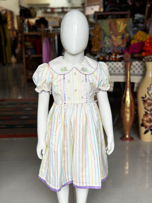 Off white embroidered frock with colorful stripes print