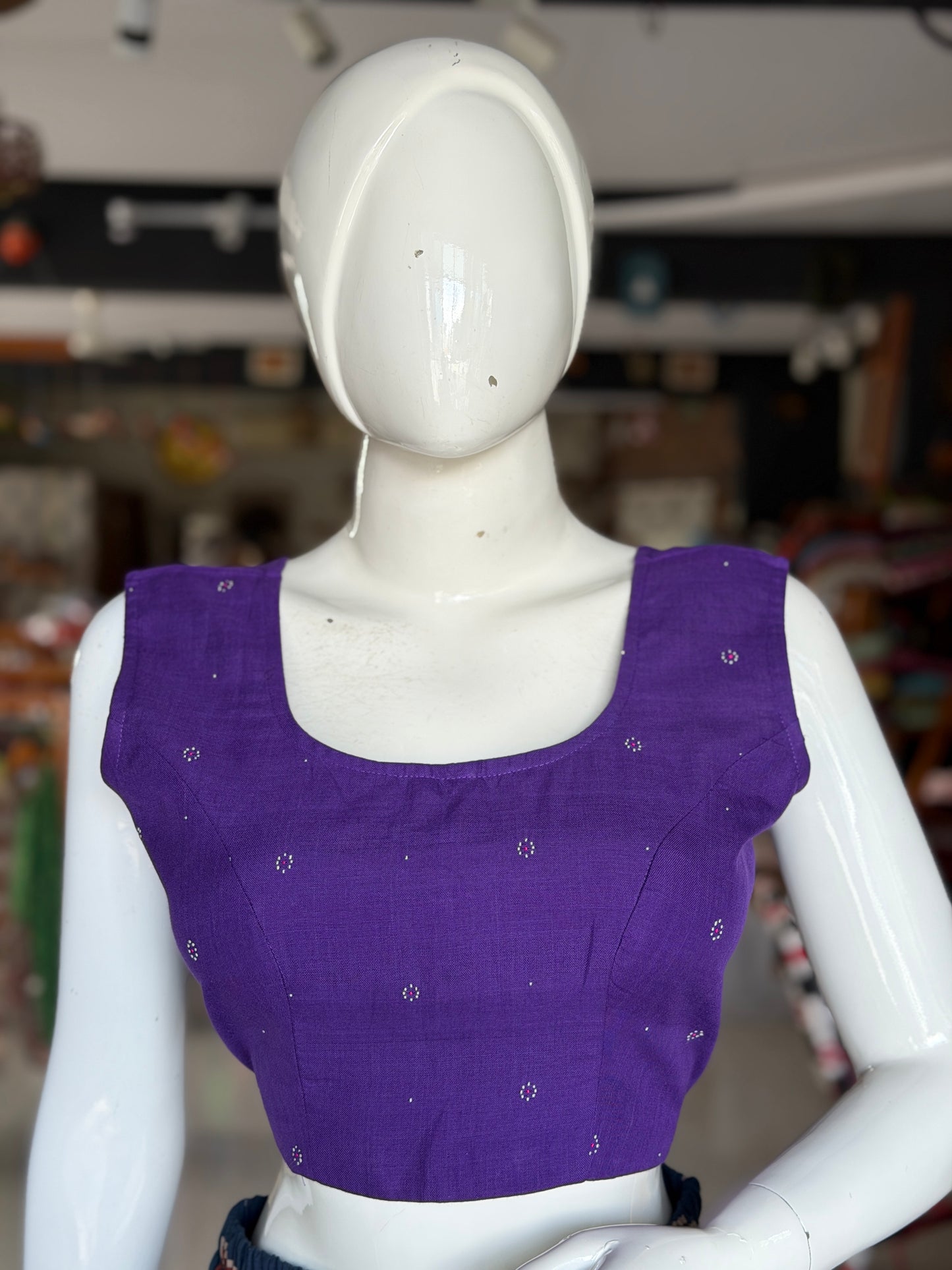 Purple tangaliya dot pattern soft cotton handwoven sleeveless princess cut blouse