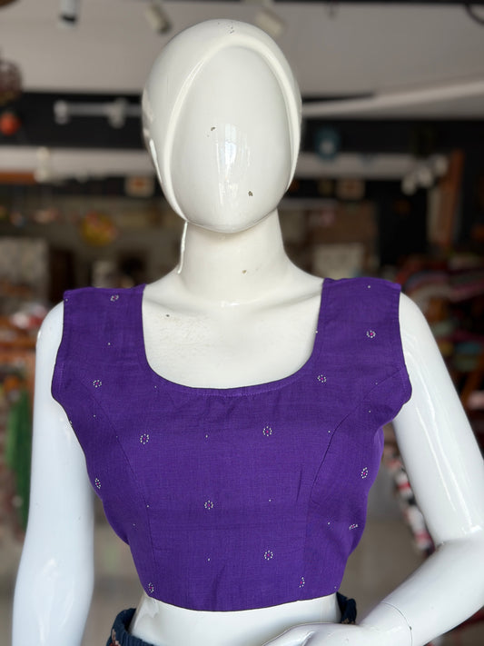 Purple tangaliya dot pattern soft cotton handwoven sleeveless princess cut blouse